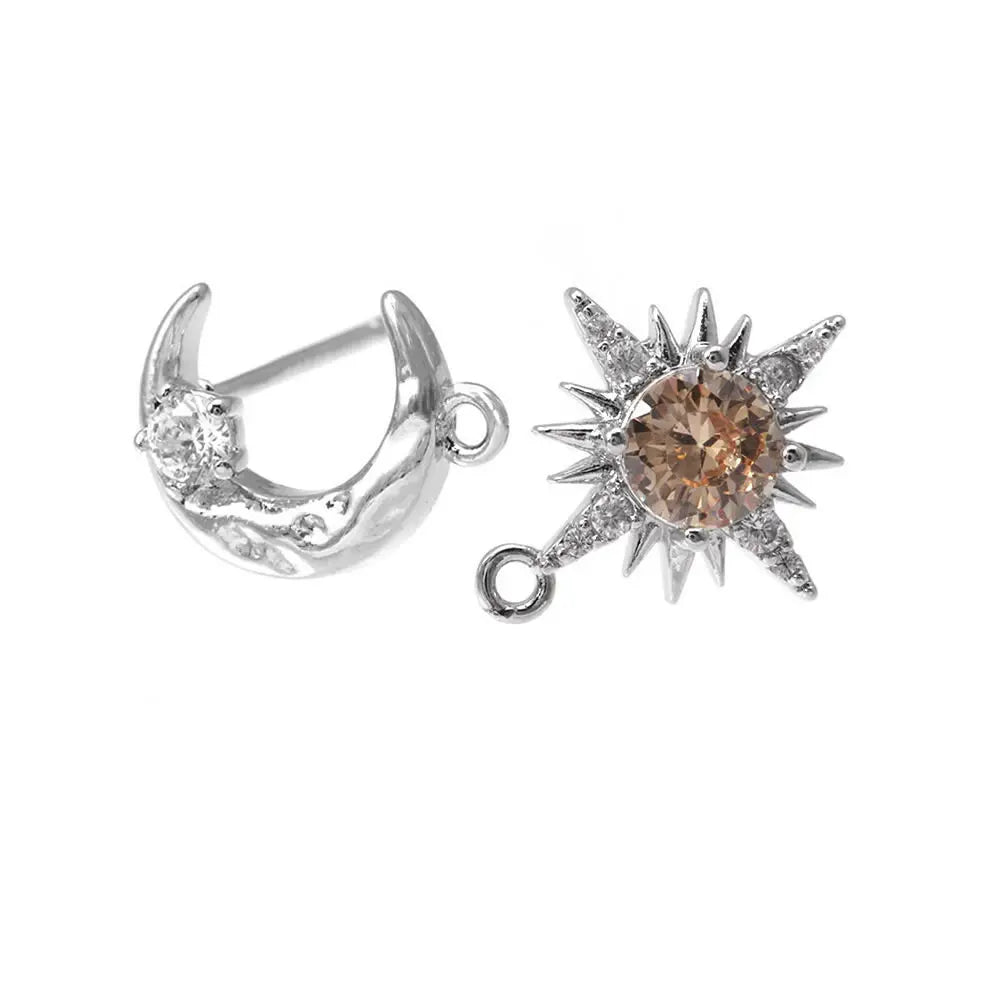 2 Pairs(1 Pair including 1 Sun and 1 Monn) 18K Gold Color Brass and Zircon Stud Earrings Pins Earrings High Quality Diy Making