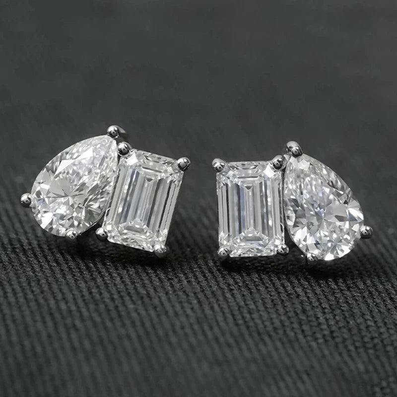 Rrjzz Stud Earrings for Women 5x7mm Emerald Cut&5x8mm Pear Cut Lab Created Cubic Zirconia 14K Gold Plated 2 Stone Jewelry Gift
