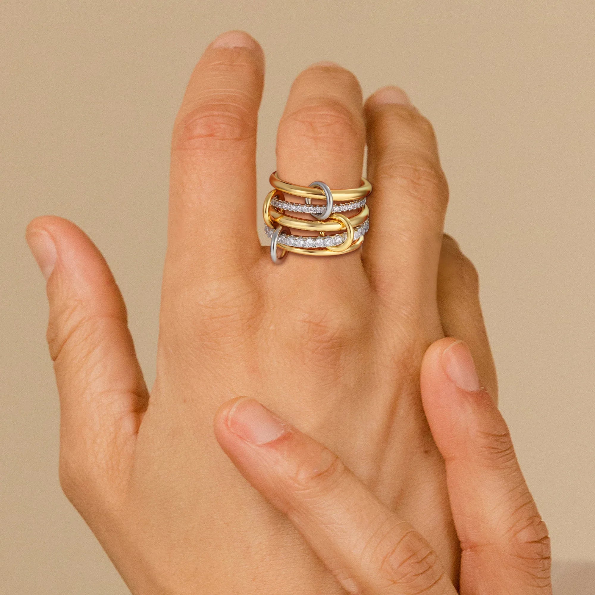 Luxury Cubic Zirconia Gold Plating Multilayer Connecting Rings for Women Fashion Mixed Color Stackable Finger Ring Party Jewelry