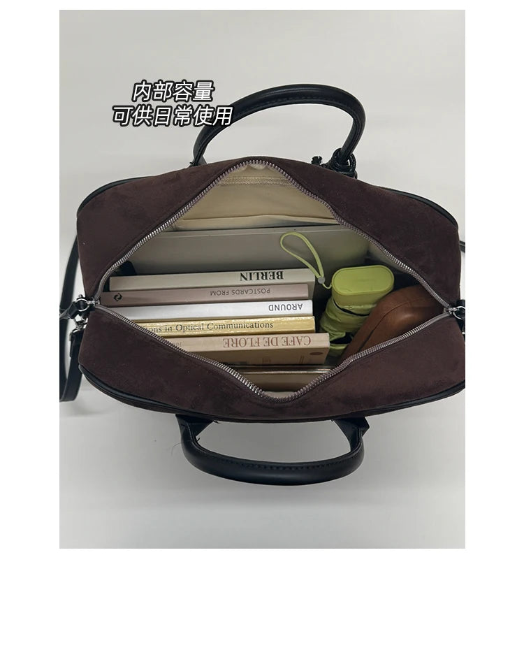 Faux Suede Taupe Retro Tote Bags for Women Solid Color Large Capacity Commuting Versatile Casual Shoulder Bag Classic Handbag