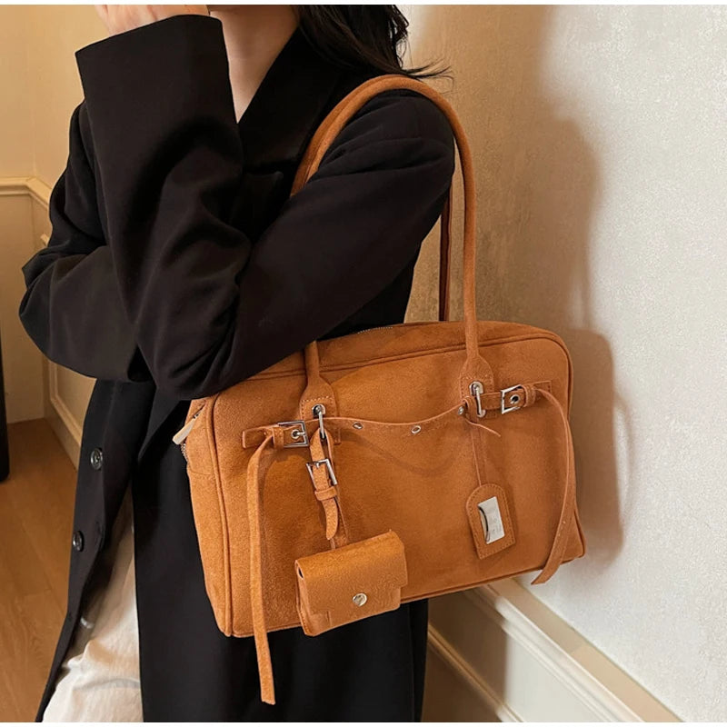New Retro Ladies Tote Bag Highend Pu Suede Handbag Fashion Simple Large-capacity Shoulder Bag Korean Version Commuter Travel Bag