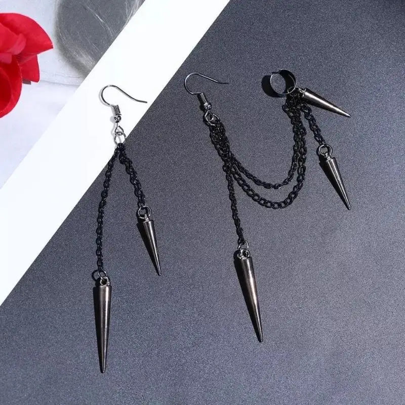 Men Retro Black Tassel Chain Long Earrings Punk Earrings Hiphop Rivet Earrings For Women Gothic Party Jewelry