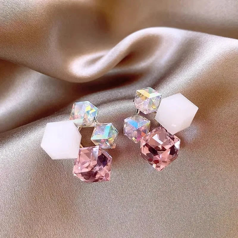 Exquisite Crystal Zircon 3D Square Stud Earrings For Woman Gradient Colored Geometric Earrings Trendy Casual Party Jewelry Gifts