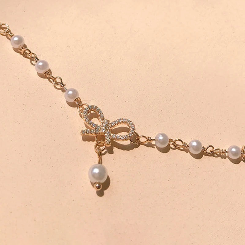 Fashion Women Bow Pearls Charm Bracelet High Quality Crystal Thin Chain Bracelet Fashion Jewelry Hello Girl Gift