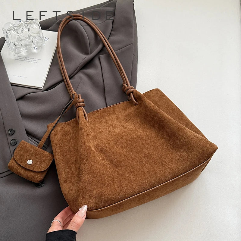 LEFTSIDE Luxury Faux Suede Tote Bag 2025 Winter Auturm Casual New Shoulder Bag Young Women's Underarm Bag Handbags and Purses