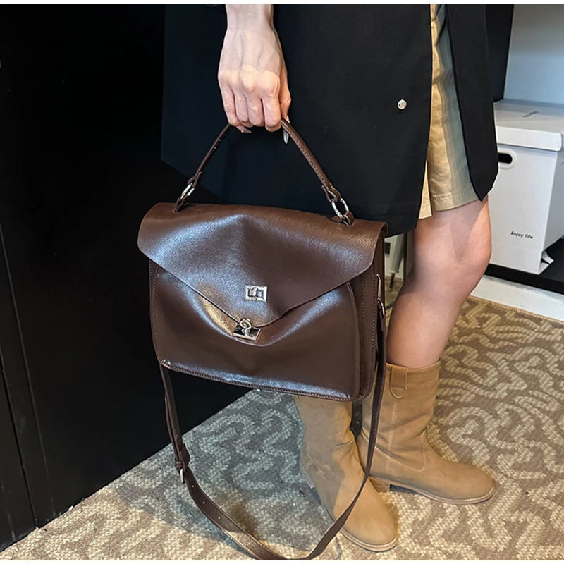 Crossbody Messenger Bag,Designer Versatile Large Capacity Commuting Shoulder Bag,Lady PU Tote Bags Vintage Buckle Handbag Brown
