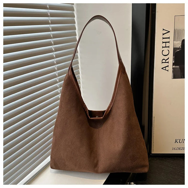 Vintage Faux Suede Tote Bags for Women Large Capacity Shoulder Ladies Underarm Bag Casual Simple Commuter Female Handbags