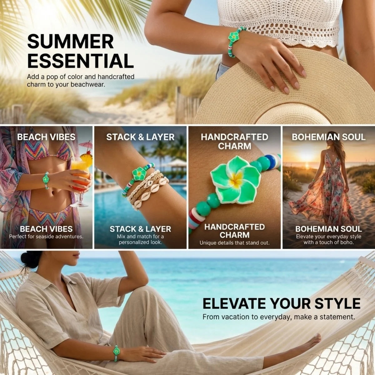 Crystal Beads Soft Polymer Clay Flower Bracelets For Women Men Bohemian Resin Floral Handmade Woven Bangles Summer Party Jewelry