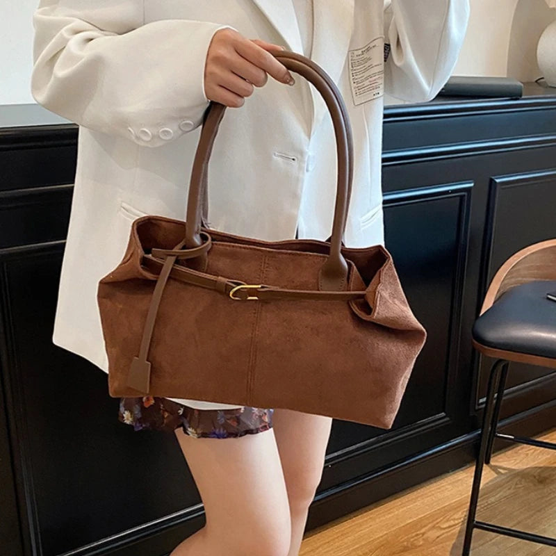 Belt Design Matte Leather Women's Tote Shoulder Bag Suede Velvet Female Underarm Bags Large Capacity Ladies Work Handbags Purse