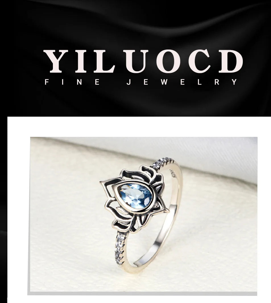 YILUOCD 925 Thai silver Adjustable Rings For Women Lotus Flower Colorful Zircon Ring Boho Female Fine Jewelry Gift