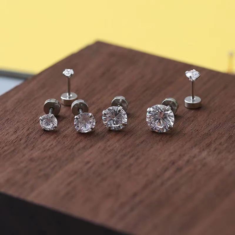 Real 925 Sterling Silver 3/4/5/6/7MM Round Sparkling Zircon Stud Earrings For Women Classic Fine Jewelry Geometric Accessories