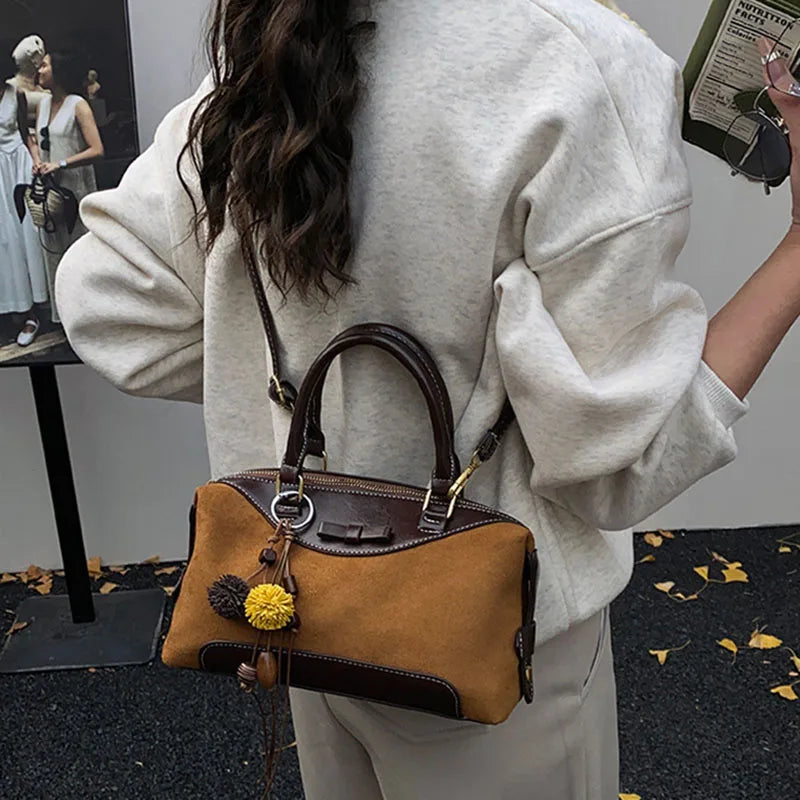 New Retro Frosted Tote Bag Boston Bag Pu Suede Women'S Shoulder Crossbody Bag Commuter Bag