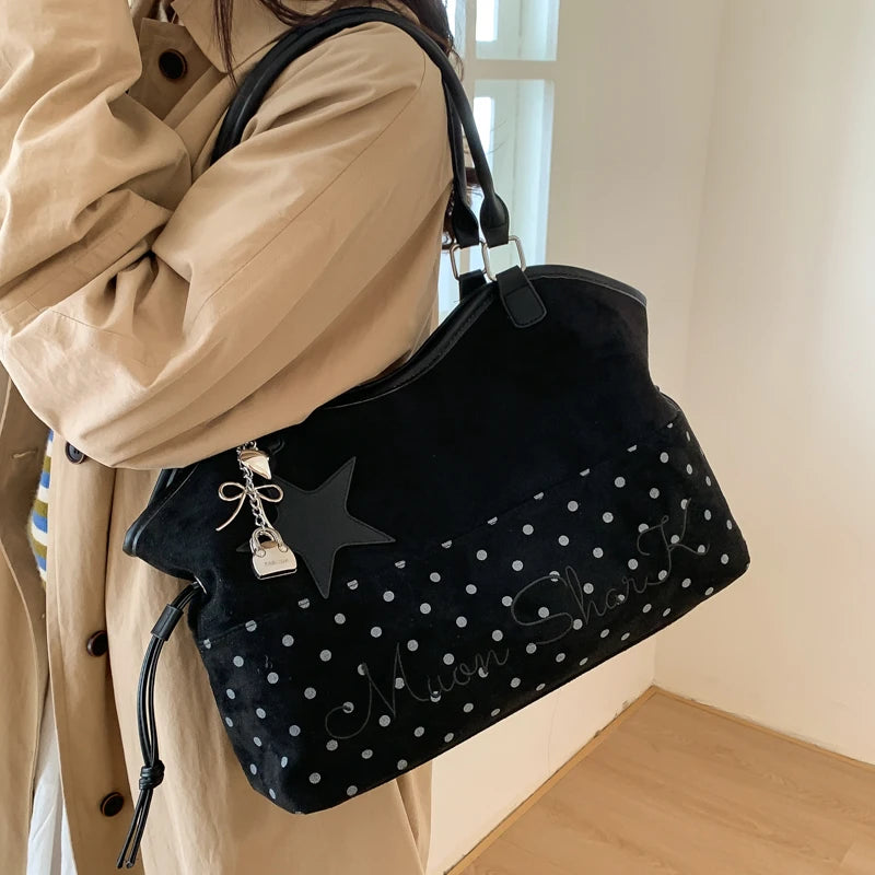 Polka Dot Suede Shoulder Bag Women Stylish Brown Slouchy Tote Drawstring Design Magnetic Buckle Underarm Bag With Star Pendant