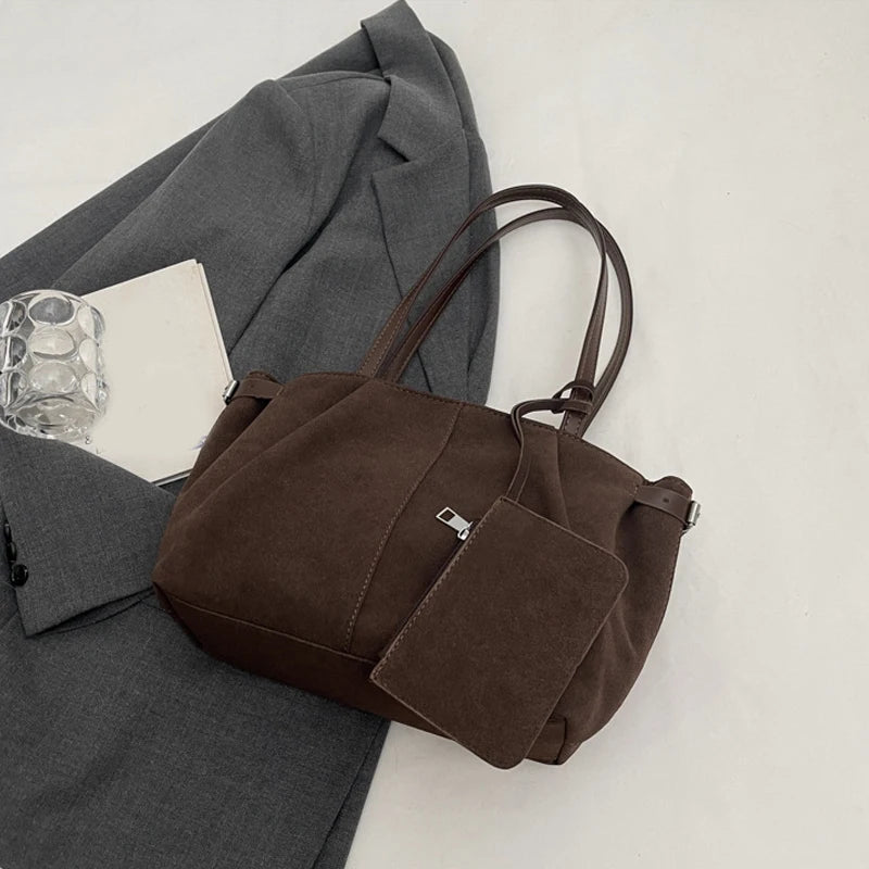Suede Shoulder Bags for Women Large Capacity Totes Lightweight Underarm Bag Casual Shopper Handbag Solid Color Travel Bucket Bag