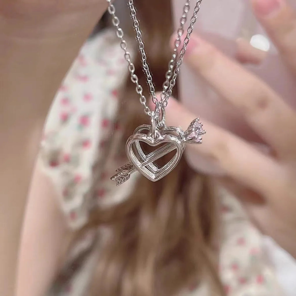 2024 New Love Pink Diamond Necklace Female Light Luxury Inlaid One Arrow Through The Heart Clavicle Chain Tanabata Gift