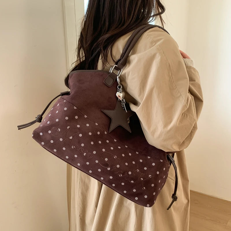 Polka Dot Suede Shoulder Bag Women Stylish Brown Slouchy Tote Drawstring Design Magnetic Buckle Underarm Bag With Star Pendant