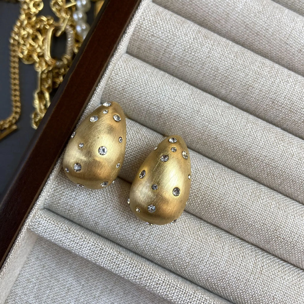 Women Stylish Brushed Metal Diamond-encrusted Pear-shaped Stud Earrings 2024