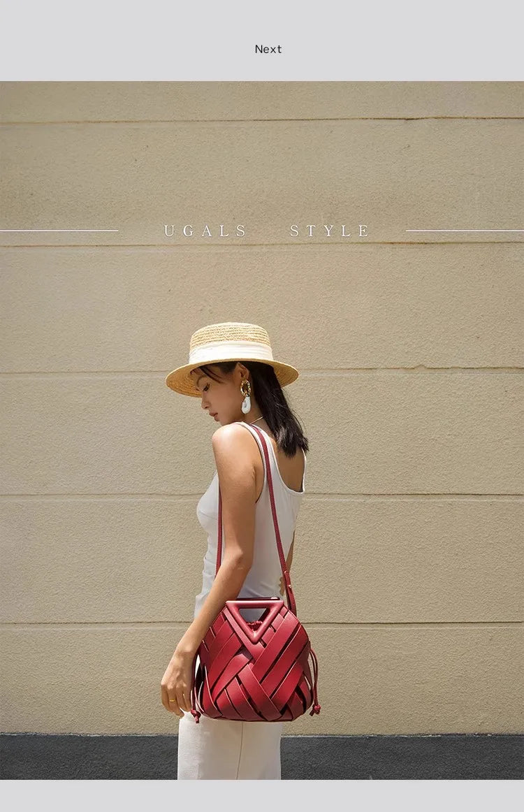 High Quality Women Handbag Textured Woven Handmade Bucket Bag Luxury Clutch Purse Large Capacity Female Shoulder Messenger Bag