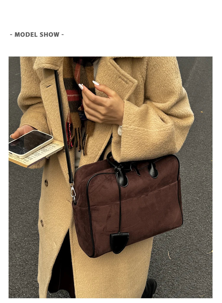 Faux Suede Taupe Retro Tote Bags for Women Solid Color Large Capacity Commuting Versatile Casual Shoulder Bag Classic Handbag