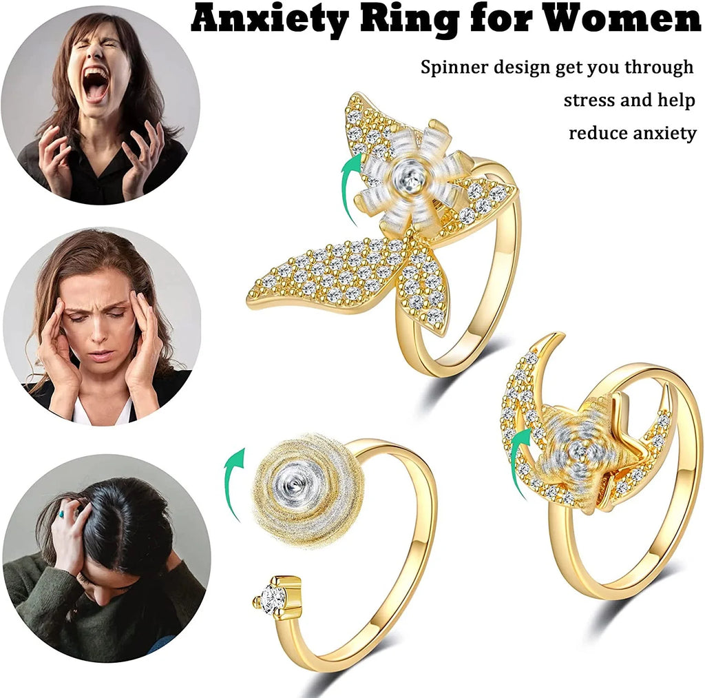 SMJEL Fidget Spinner Ring Anxiety for Women Multiple Crystal Flower Eye Butterfly Animal Ring Rotate Anti Stress Wedding Jewerly