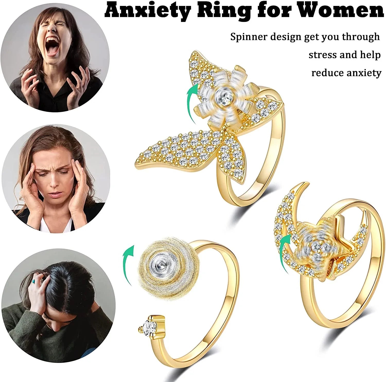 SMJEL Fidget Spinner Ring Anxiety for Women Multiple Crystal Flower Eye Butterfly Animal Ring Rotate Anti Stress Wedding Jewerly