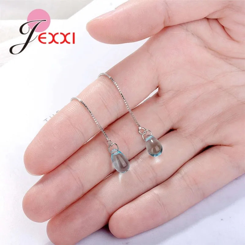 New 925 Sterling Silver Jewelry For Women Girls Lond Dangle Earrings Blue Clear Crystal Pendant Brincos Pendientes Gifts