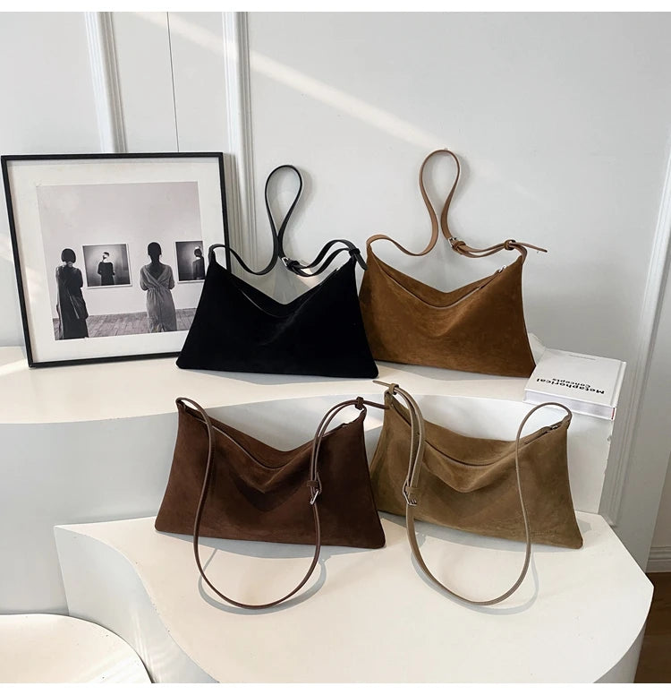 Vintage Suede Tote Bag For Women Autumn Winter New Large Capacity Commute Shoulder Crossbody Bags Fashion Trend Underarm Bags