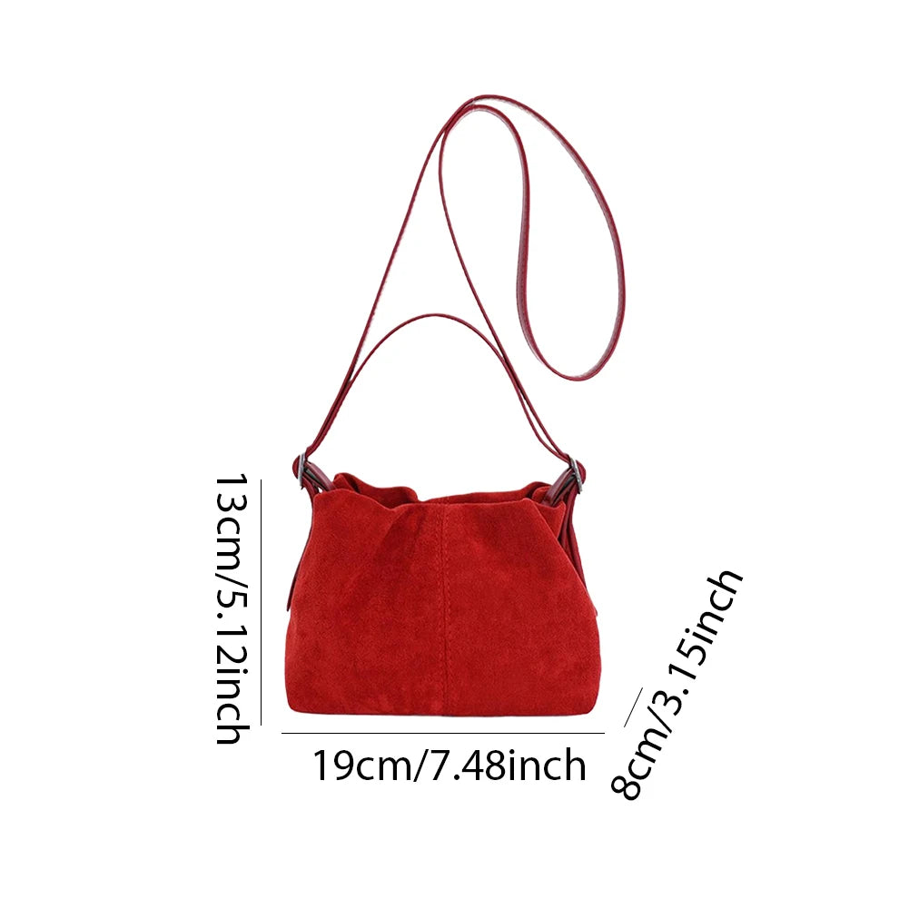 Women Suede Leather Shoulder Bag Vintage Tote Handbag Travel Autumn Winter Causal Crossbody Bags Lightweight Drawstring Handbag