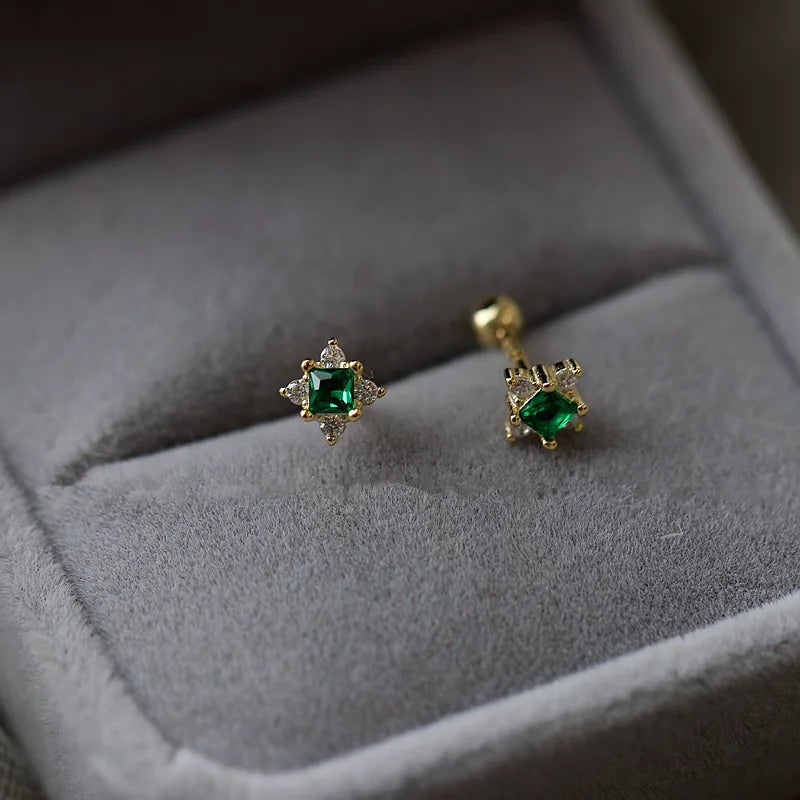 925 Sterling Silver Plating 14K Gold Exquisite Green Zircon Geometry Stud Earrings For Women Fine Jewelry