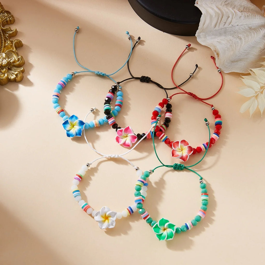 Crystal Beads Soft Polymer Clay Flower Bracelets For Women Men Bohemian Resin Floral Handmade Woven Bangles Summer Party Jewelry
