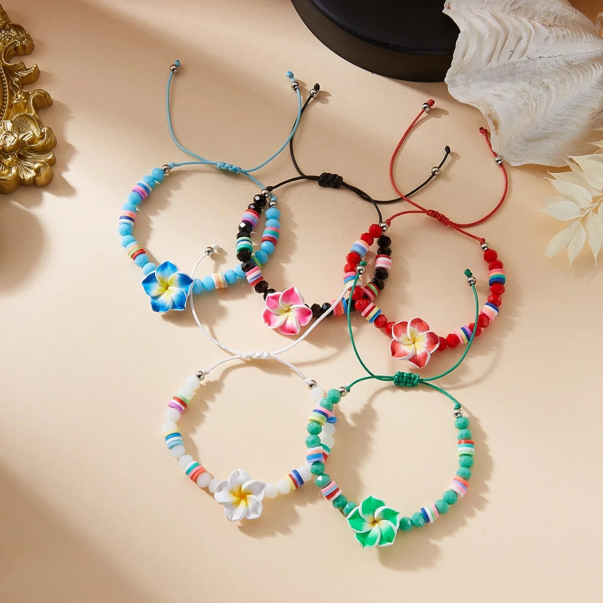 Crystal Beads Soft Polymer Clay Flower Bracelets For Women Men Bohemian Resin Floral Handmade Woven Bangles Summer Party Jewelry