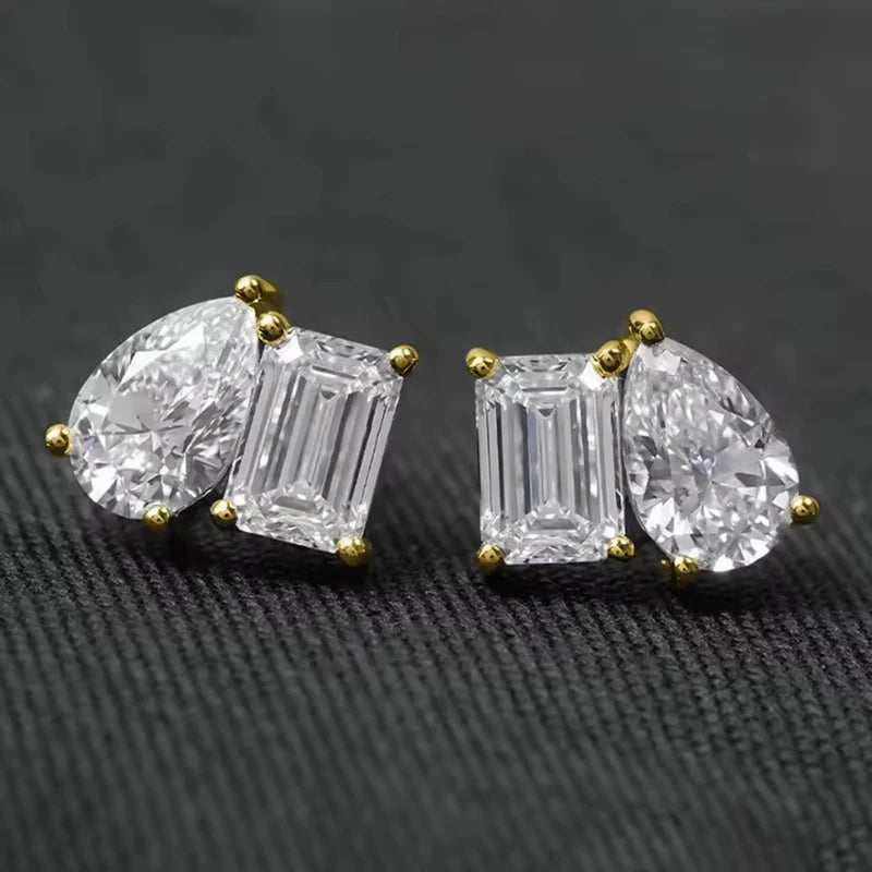 Rrjzz Stud Earrings for Women 5x7mm Emerald Cut&5x8mm Pear Cut Lab Created Cubic Zirconia 14K Gold Plated 2 Stone Jewelry Gift