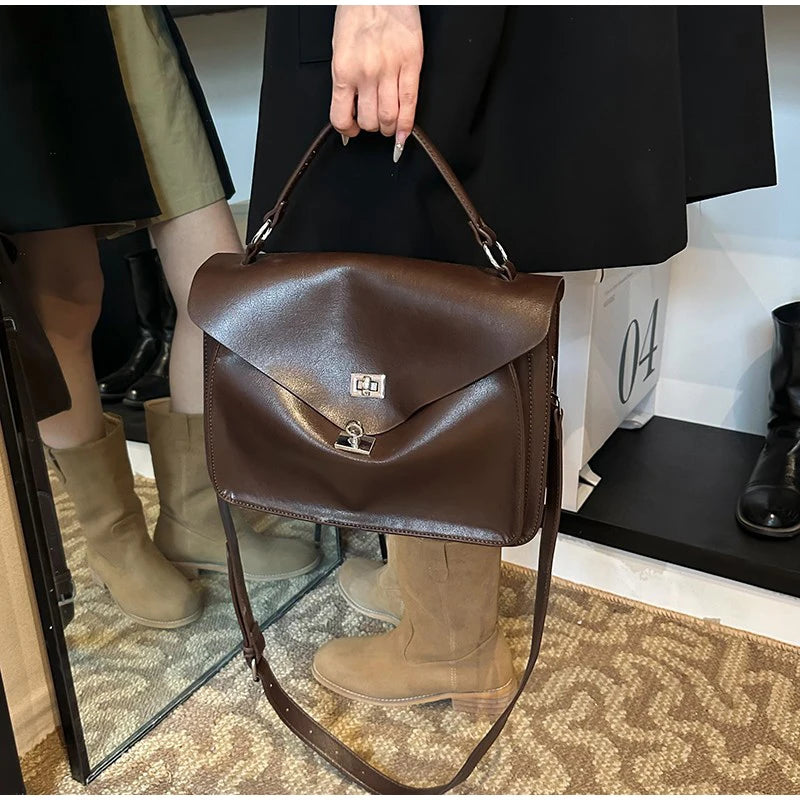 Crossbody Messenger Bag,Designer Versatile Large Capacity Commuting Shoulder Bag,Lady PU Tote Bags Vintage Buckle Handbag Brown