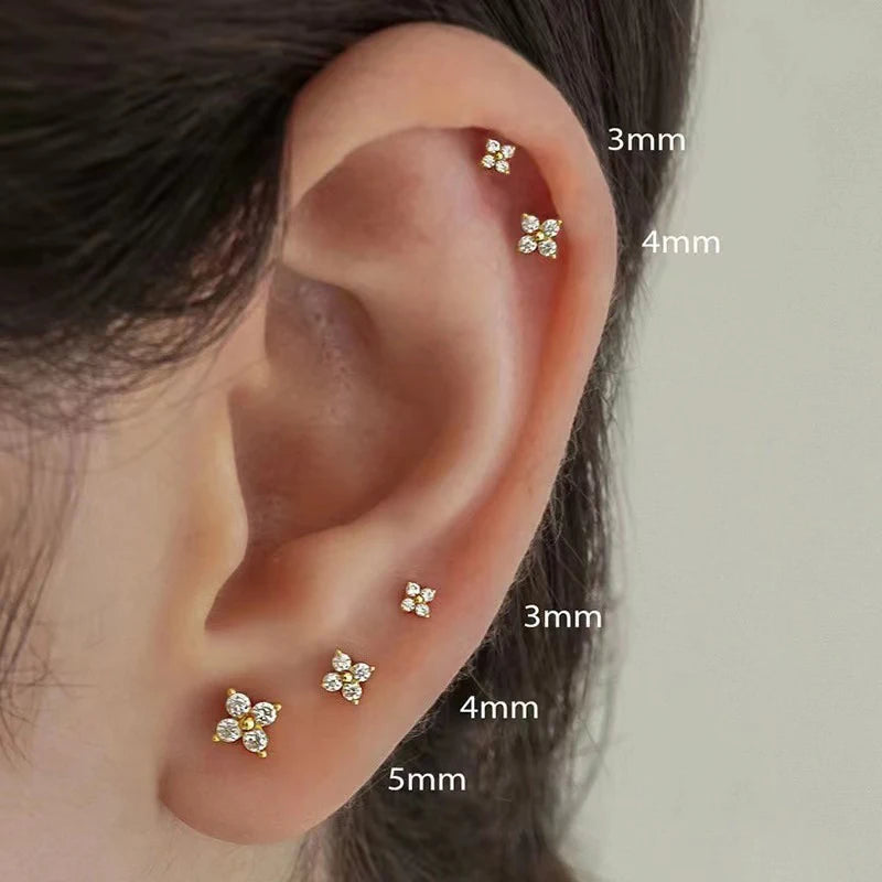 3Pcs/set Four Petals Zircon Flower Stud Earrings Set For Women Small Classic Versatile Piercing Earrings 3/4/5mm