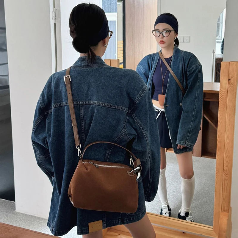 2026 New Fashion Brown Suede Genuine Leather Shoulder Bag Women's Retro Soft Tote Casual Daily Crossbody Handbag