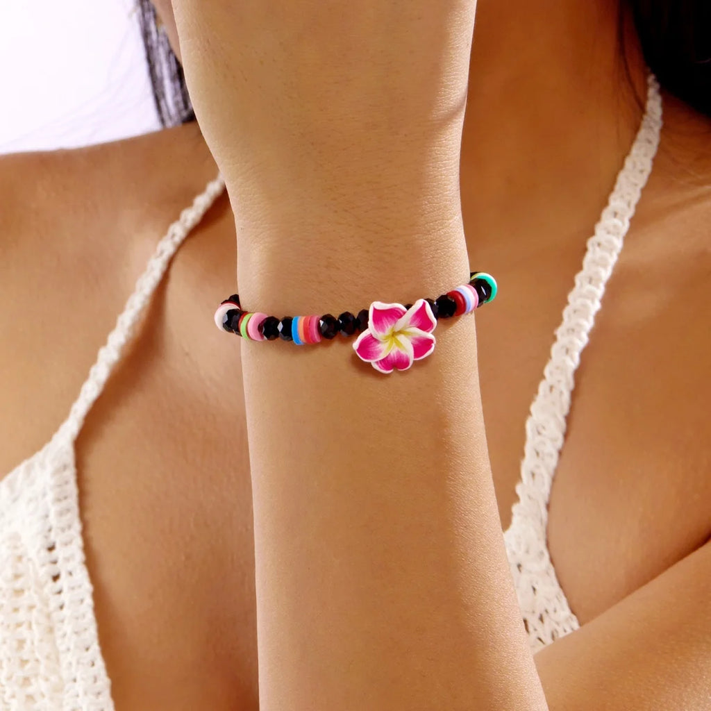 Crystal Beads Soft Polymer Clay Flower Bracelets For Women Men Bohemian Resin Floral Handmade Woven Bangles Summer Party Jewelry