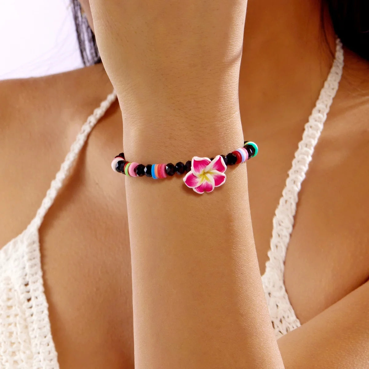 Crystal Beads Soft Polymer Clay Flower Bracelets For Women Men Bohemian Resin Floral Handmade Woven Bangles Summer Party Jewelry