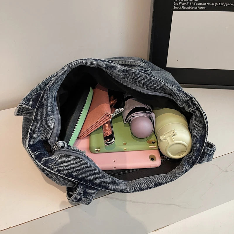 Casual Denim Shoulder Bag for Women Minimalist Daily Commute Crossbody Bag with Interior Zipper Pocket  Simple & Cool Design