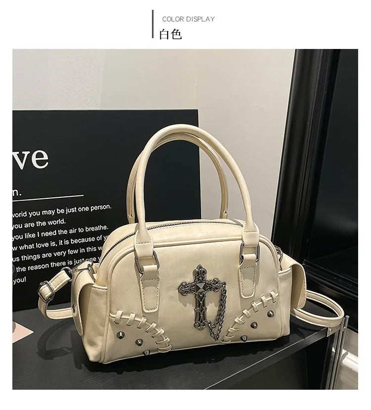 2026 Spring New Punk Gothic Cross Body Bag for Women Small Square Shoulder Bag with Metal Studs Cross Design Edgy Alternative
