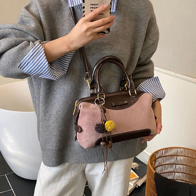 New Retro Frosted Tote Bag Boston Bag Pu Suede Women'S Shoulder Crossbody Bag Commuter Bag