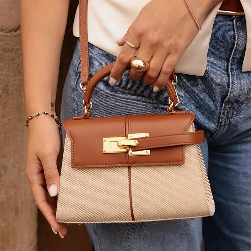 Luxury High-end Brand Handbag For Women Canvas Stitching Leather Silver Button Tote Bag Jw Large Capacity Banquet Shoulder Purse