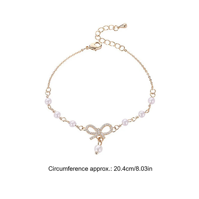 Fashion Women Bow Pearls Charm Bracelet High Quality Crystal Thin Chain Bracelet Fashion Jewelry Hello Girl Gift