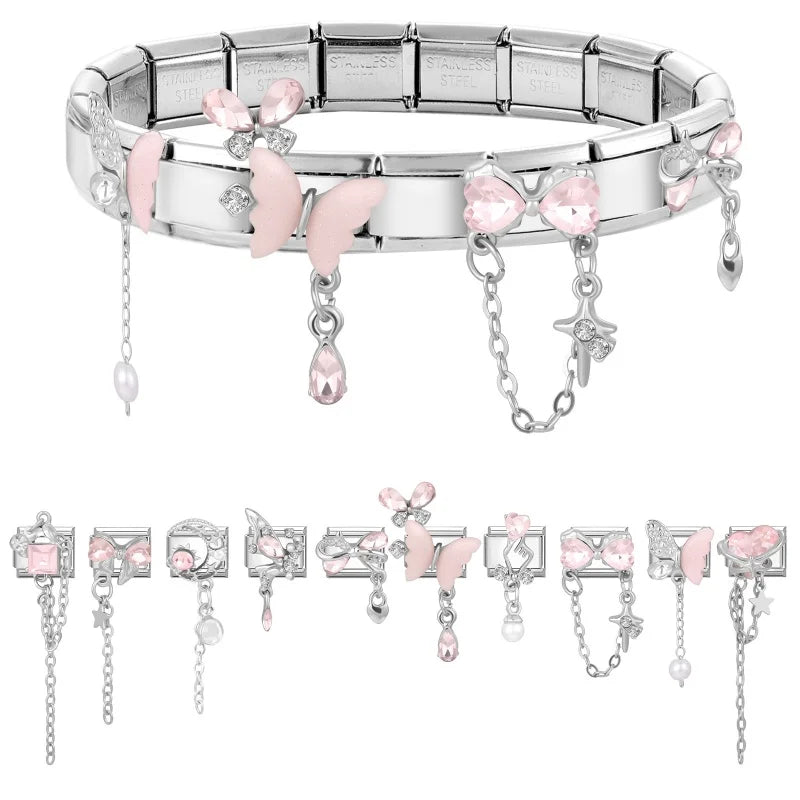 Zircon Moon Cherry Heart Star Bow Knot Butterfly Tassel Italian Charm Links Fit 9mm Bracelet Stainless Steel DIY Making Gifts