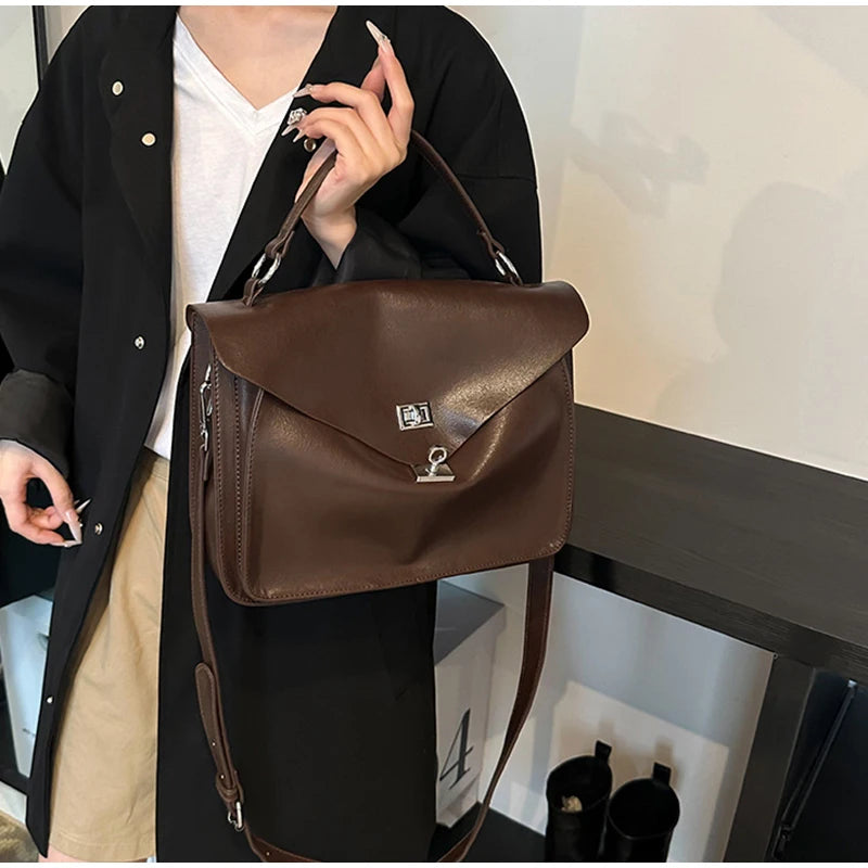 Crossbody Messenger Bag,Designer Versatile Large Capacity Commuting Shoulder Bag,Lady PU Tote Bags Vintage Buckle Handbag Brown