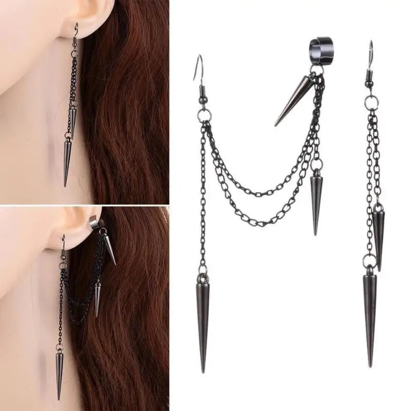 Men Retro Black Tassel Chain Long Earrings Punk Earrings Hiphop Rivet Earrings For Women Gothic Party Jewelry