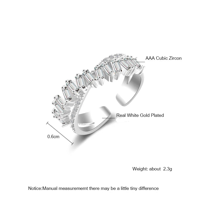 Luxury Zircon Shiny Chic Resizable Double Student Opening Rings for Woman Silver Color Gothic Finger Jewelry Wedding Party