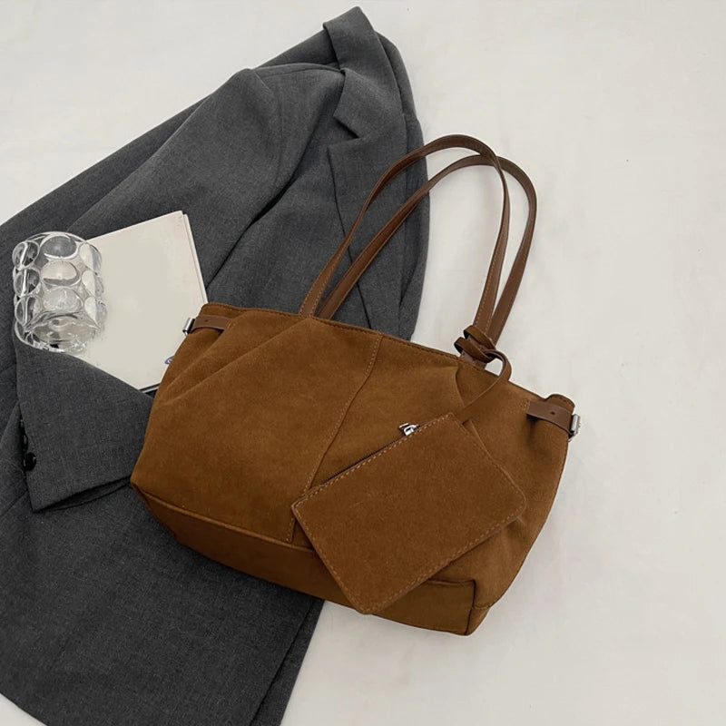 Suede Shoulder Bags for Women Large Capacity Totes Lightweight Underarm Bag Casual Shopper Handbag Solid Color Travel Bucket Bag