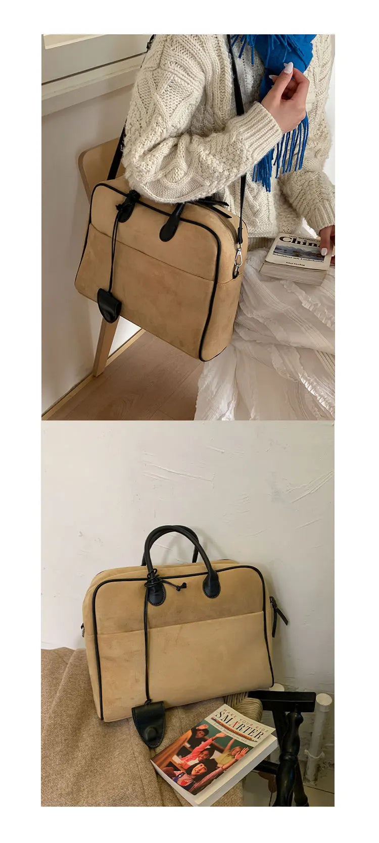 Faux Suede Taupe Retro Tote Bags for Women Solid Color Large Capacity Commuting Versatile Casual Shoulder Bag Classic Handbag