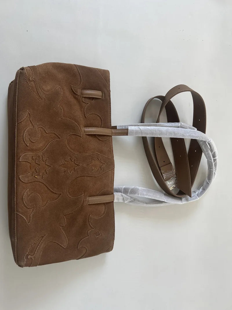 New Brown Suede Hobo Bag for Women, Studded Cowhide Large Tote Purse, Faux Suede Leather Shoulder Crossbody Handbag for Shopping