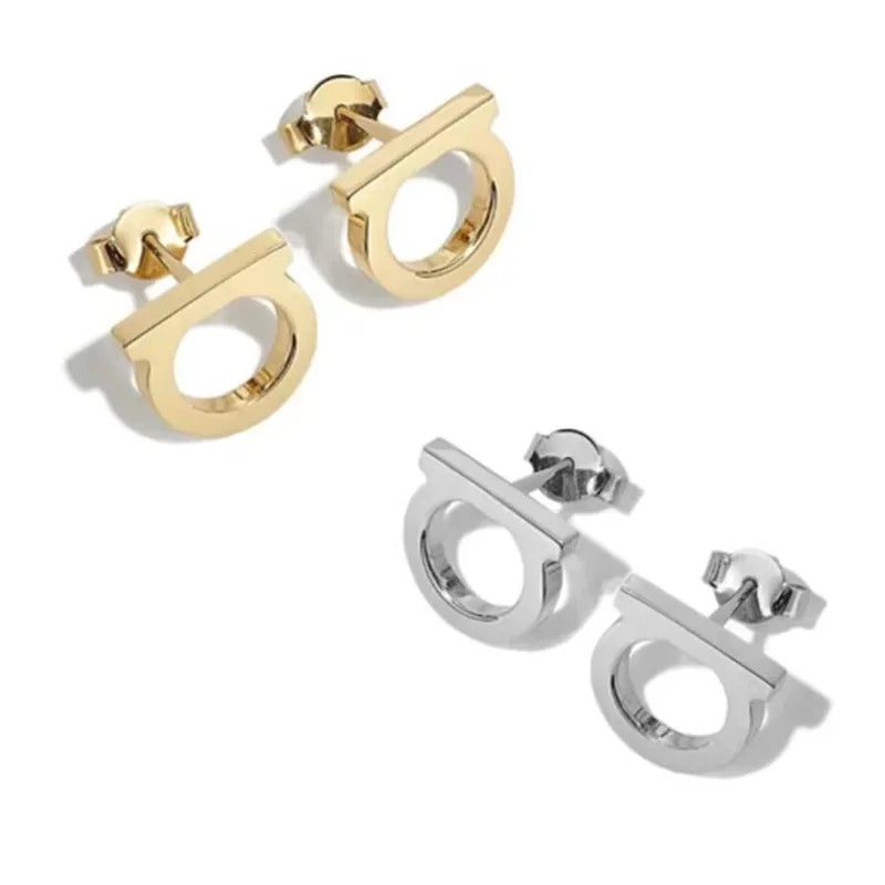1 Pair Simple and Luxurious Zircon Inlaid D-shaped Stainless Steel Electroplated 18K Real Gold Stud Earrings Women Jewelry Gift